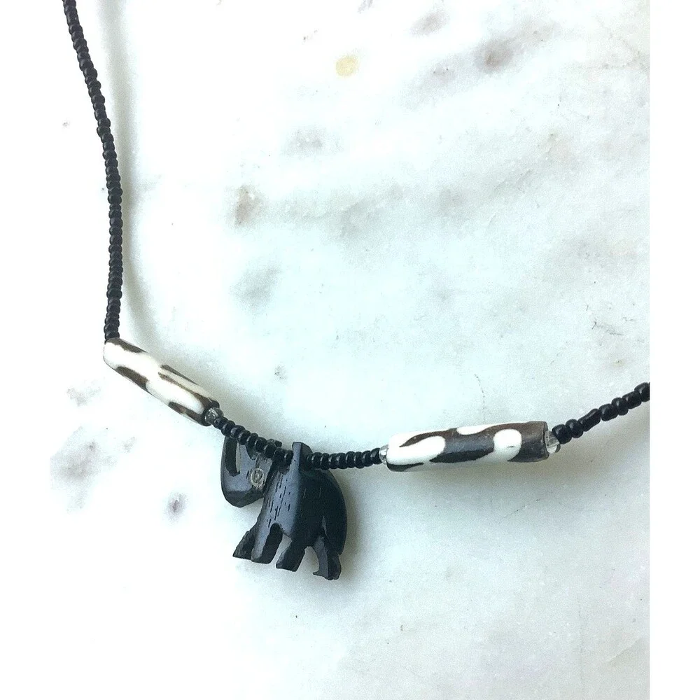 Black Rhinocerous Necklace Wood Beaded Large White Animal Print Black Beads Boho